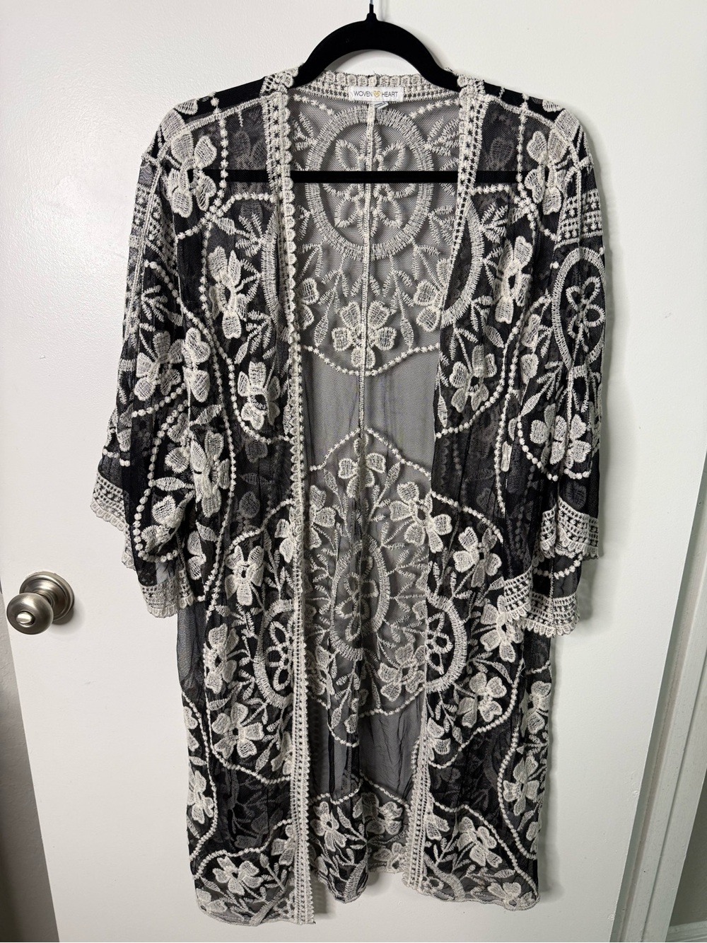 Woven Heart Black Floral Embroidered Lace Kimono Duster Boho Romantic